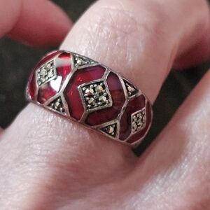 Vintage Stwrling Silver Marcasite Red Glass Ring